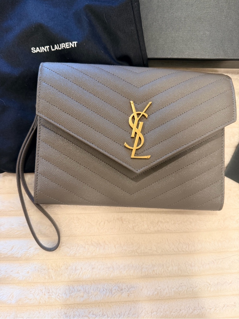 Saint Laurent Gray Quilted Leather Wristlet with Gold YSL Emblem